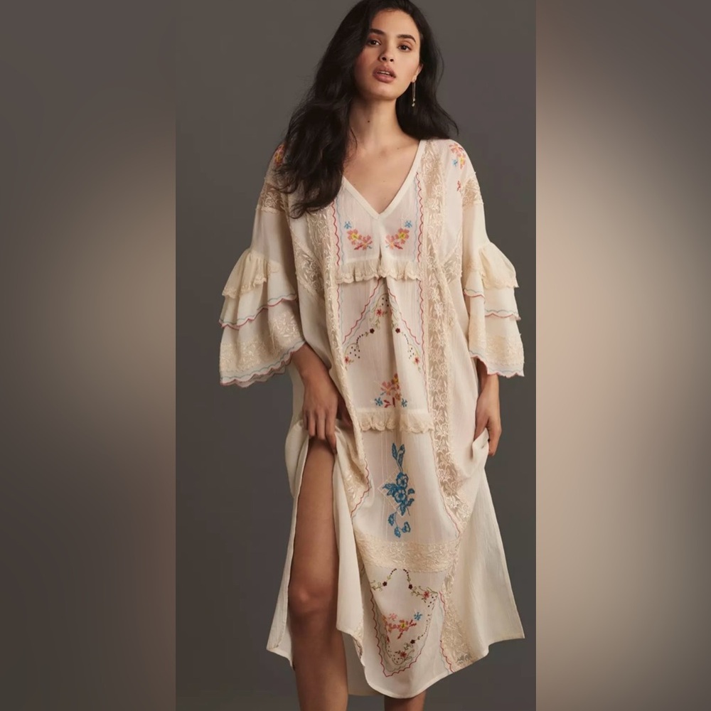 by Anthropologie Embroidered Sheer Kaftan Dress/Kaftan One Size NWT